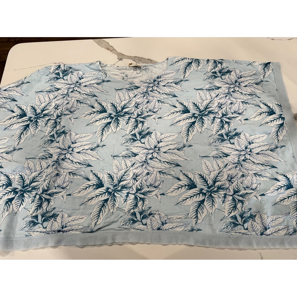 Cynthia Rowley Womens 2X Blue White Floral Linen Viscose Boxy Short Sleeve Top